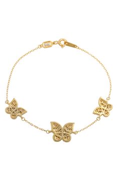 Delicate cz encrusted butterflies dance across a dainty link bracelet. Spring ring clasp Sterling silver/cubic zirconia/rose-gold or gold plate Imported Elegant Rose Gold Jewelry With Butterfly Clasp, Elegant Yellow Gold Bracelet With Butterfly Charm, Elegant Gold Bracelet With Butterfly Clasp, Elegant Gold Bracelets With Butterfly Clasp, Elegant Butterfly Charm Bracelets For Parties, Elegant Butterfly Charm Bracelet For Parties, Elegant Party Bracelets With Butterfly Charm, Elegant Butterfly Bracelets For Wedding, Butterfly Bracelet