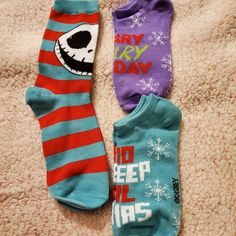 Tall Striped Socks And Ankle Socks That Say "No Sleep Til Xmas" And "Merry Scary Holiday" Playful Christmas Socks For Stocking Stuffers, Multicolor Christmas Socks For Stocking Stuffers, Blue Christmas Socks For Stocking Stuffers, Socks Advent Calendar, Disney Socks, Disney Maleficent, Halloween Socks, No Sleep, Minnie Mouse Pink