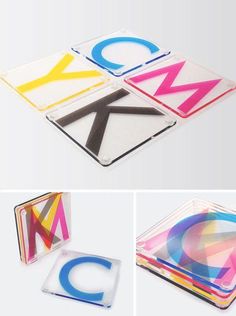 four different types of coasters with the letter c on each side and one in front