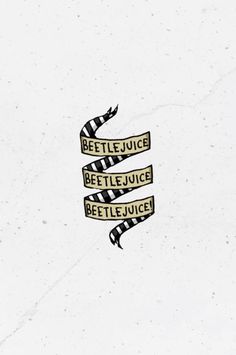 the words beetle juice are written in black and yellow on a white background with a striped ribbon