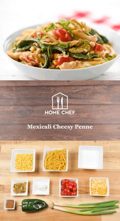 the ingredients for mexican cheesy penne are displayed in bowls on a cutting board