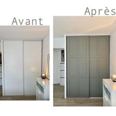 two pictures of the same room with different doors and drawers, one is white and the other is gray