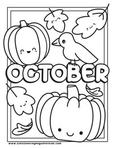 a coloring page with the words october and pumpkins