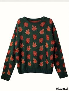 Olivia Mark - Womens Plus Size Maple Leaf Pattern Long Sleeve Round Neck Pullover Sweater - An Elegant and Comfortable Option with Slight Stretch Leaf Sweater, Maple Leaf Pattern, Fall Clothes, Plus Size Sweaters, Fall Aesthetic, School Teacher, Elementary School, Olivia Mark, Cottage Core