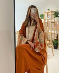 Color Abaya Design, Orange Abaya, Summer Abaya, Winter Abaya, Beautiful Abayas, Abaya Fashion Dubai, Abaya Outfit