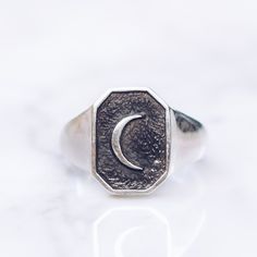 Celestial crescent moon sterling silver ring in both men and women's sizing. A crescent moon symbolizes a time of transition, creating a reminder of its ever-changing ways. Available in Brass https://etsy.me/3bqY9On Ring Size  Available in all sizes. Please be sure to find your exact ring size for the finger you want before ordering. See image chart above or you can use the chart on my website as a guide - https://jewelrylab.co/pages/ring-sizing-tips Every piece is handcrafted in Bali and made with Intention, Love, and Soul so that it can be felt by it's wearer and ultimately change our energy and lives in a positive way. Each with it's own story of insight and love, our pieces, like humans, are organic and asymmetrical in form. Free worldwide shipping on all orders! Celestial Rings, Gold Pendants For Men, Silver Pinky Ring, Crescent Moon Jewelry, Crescent Moon Ring, Celestial Ring, Silver Rings Simple, Moon Ring, Moon Jewelry