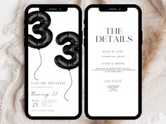 two iphones with black balloons in the shape of numbers, on top of a white background