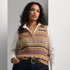 Spun with a lightweight blend of cotton and linen for a comfortable feel this V-neck sweater vest features a classic Fair Isle motif making it a must-have layer for transitional dressing. Fair Isle Vest Women, Linen Jumper, Motif Fair Isle, Transitional Dressing, Fair Isles, Sleeveless Jumper, Linen Sweater, Polo Sport, Ralph Lauren Purple Label