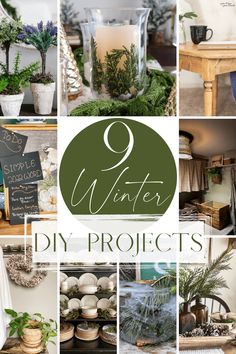 a collage of photos with the words winter diy projects written in green and white