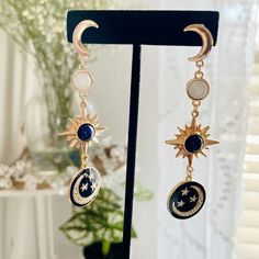 Brand New! Gold Plated. Any Questions Let Me Know. Blue Star-shaped Celestial Earrings, Blue Celestial Moon Earrings, Blue Moon Shaped Celestial Earrings, Celestial Blue Moon-shaped Earrings, Celestial Blue Earrings For Party, Boho Moon, Moon And Stars, Earrings Blue, Blue Gold