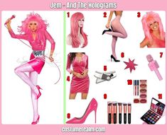 a collage of photos with pink hair and makeup on the bottom, in front of a white background