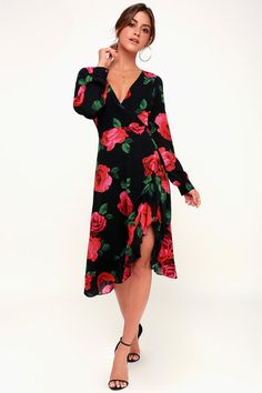 Magic Love Black Floral Print Long Sleeve Wrap Midi Dress Magic Love, Fab Dress, Lulus Dresses, Midi Ruffle Dress, Love Black, Black Floral Print, Wrap Midi Dress, Printed Wrap Dresses, Red Midi Dress