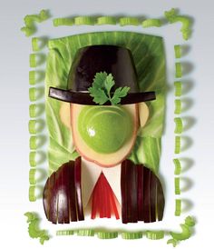 an image of a man wearing a top hat and holding radishes