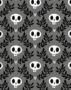 a black and white pattern with skulls in the middle, surrounded by green leaves on a gray background