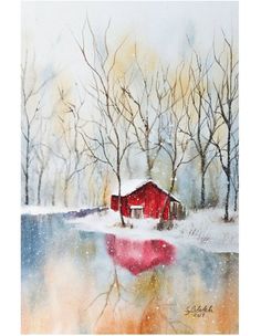 a watercolor painting of a red barn in the snow with trees reflected in it