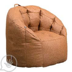 a brown bean bag chair sitting on top of a white floor