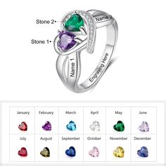 Double Stone Personalized Ring For Women has silver heart shape in center of ring with two heart shape stones on it which are birth stones, it has small silver stones covering one side of the heart making it look more beautiful. It can be personalized by engraving two names on it making it a perfect gift for women on occasion like wedding, engagement or anniversary. Features: Color: Silver Material: Silver Style: Personalized Size: Available Size: US - 6/7/8/9 Weight: 3.4g Size Chart: Size Circu Personalized Double Heart Ring For Valentine's Day, Silver Heart Birthstone Ring For Mother's Day, Heart Shaped Silver Birthstone Ring For Mother's Day, Heart Shaped Birthstone Ring For Anniversary, Silver Heart-shaped Birthstone Ring For Mother's Day, Heart Cut Birthstone Ring As Gift, Valentine's Day Silver Heart Birthstone Ring, Anniversary Heart Shaped Birthstone Ring, Personalized Heart Cut Birthstone Ring For Valentine's Day