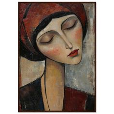 a painting of a woman wearing a red hat and black dress with her eyes closed