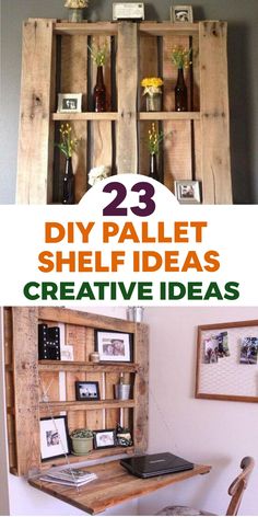 two pallet shelves with pictures on them and the words 23 diy pallet shelf ideas