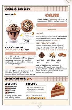 a menu with different types of desserts on it