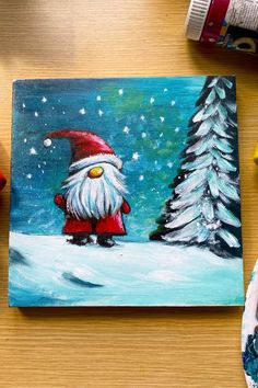 a painting of a santa clause standing in front of a pine tree with snow on it