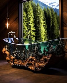 a bath tub sitting in the middle of a bathroom next to a window with mountains and trees painted on it