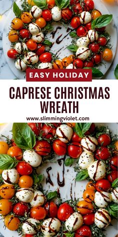 an easy holiday caprese christmas wreath made with fresh tomatoes and mozzarella