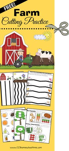 the farm cutting practice book is shown with scissors and paper cutouts to make it look like