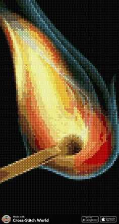 the cross stitch pattern shows an orange and yellow object with a long wooden spoon in it