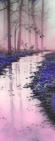 a painting of trees and water in the background with pink hues on the ground