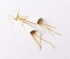 cone genuine leather earrings gold plated jewelry white Handmade White Leather Earrings, Handmade White Leather Jewelry, White Leather Earrings Gift, White Leather Earrings As A Gift, White Leather Earrings For Gift, Elegant White Leather Jewelry, Nickel Free Jewelry, Jewelry White, Plated Jewelry