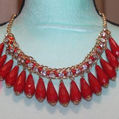 Nwt: Red Teardrops/Clear Rhinestones Running All The Way Down The Red Ribbon Which Is 4" And The Red Teardrops Are 2" Long The Necklace Is 18" Red Teardrop Necklace For Party, Red Rhinestone Party Necklaces, Red Crystal Necklaces With Jewels, Red Crystal Necklace With Jewels, Red Jeweled Rhinestone Necklace For Party, Red Jeweled Crystal Necklace, Way Down, Rhinestone Necklace, Red Ribbon