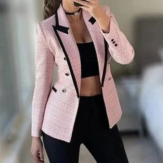 Fashion Elegant Long Sleeve Double Breasted Womens Blazers Elegant Bodysuit, Lace Playsuit, Slim Jumpsuit, Long Summer Dresses Maxi, Bodycon Casual, Pink Tweed, Wide Leg Cropped Pants, Classic Blazer