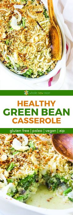 healthy green bean casserole with spinach and cheese in a white baking dish