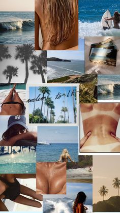 a collage of photos with people on the beach and palm trees in the background