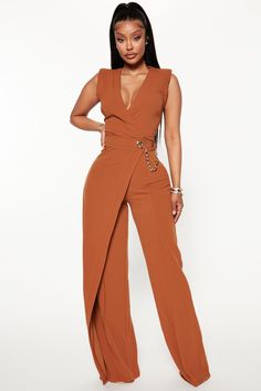 Available In Cognac And Black. Jumpsuit Sleeveless V Neck Shoulder Pads Invisible Back Zipper Draped Side Detail Wide Leg 34" Inseam Stretch 95% Polyester 5% Spandex Imported | Need A Date Jumpsuit in Cognac Brown size XL by Fashion Nova Extra Fits, Brown Jumpsuits, Girls Dress Outfits, Fashion Nova Outfits, Stylish Work Attire, Jumpsuit With Sleeves, Jumpsuit Fashion, Professional Outfits