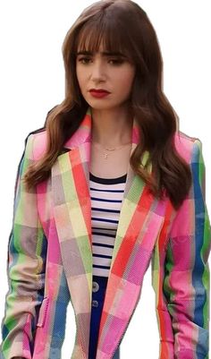 Lily Collins Multi-Color Coat Fitted Multicolor Blazer For Spring, Multicolor Fitted Spring Blazer, Fitted Multicolor Spring Blazer, Spring Multicolor Fitted Blazer, Trendy Fitted Multicolor Blazer, Multicolor Casual Spring Blazer, Trendy Multicolor Summer Blazer, Emily In Paris Lily Collins, Emily Cooper