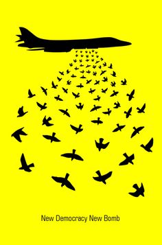 a yellow poster with black birds flying in the sky and an airplane coming towards it