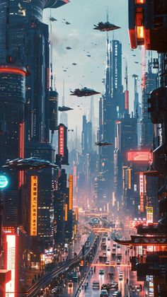 futuristic cityscape with spaceships flying over the top of buildings and cars in traffic