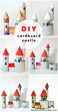 four different views of the same castle made out of toilet paper and other things that are on display