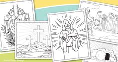 four coloring pages with pictures of jesus and the crucifixs on them