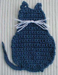 a crocheted blue cat purse with a white string tied around it's neck