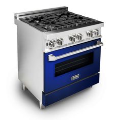 a blue and silver stove top oven with two burners on each side, in front of a white background