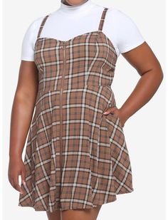 Brown Plaid Dress, Skirts Design, White Collar Dress, Twofer Dress, Hot Topic Dresses, 21 Shirt, Layered Dress, Skater Dresses, Mini Tank Dress