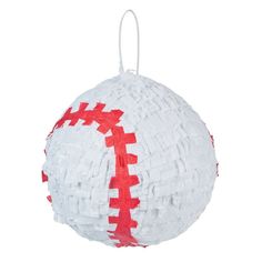 a white and red ball ornament hanging from a string