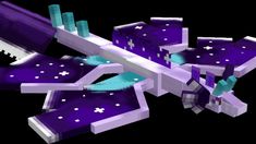 a purple and white plane is flying through the air with blocks on it's wings