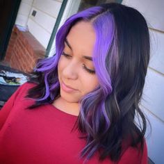 Plum Hair Money Piece, Black Hair Lavender Money Piece, Black Hair Colored Money Piece, Hair Dye Purple Highlights, Split Dyed Hair Front Pieces, Black With Purple Money Piece Hair, Purple Hair Lavender Money Piece, Dyed Framing Pieces Hair, Black Hair With Color Money Piece