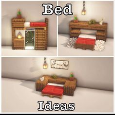 three different pictures of a bed and desk in the same room, each with a red blanket on it