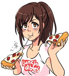 a woman holding two slices of pizza in one hand and the other with her mouth open