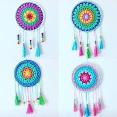 three colorful crocheted dream catchers hanging on the wall